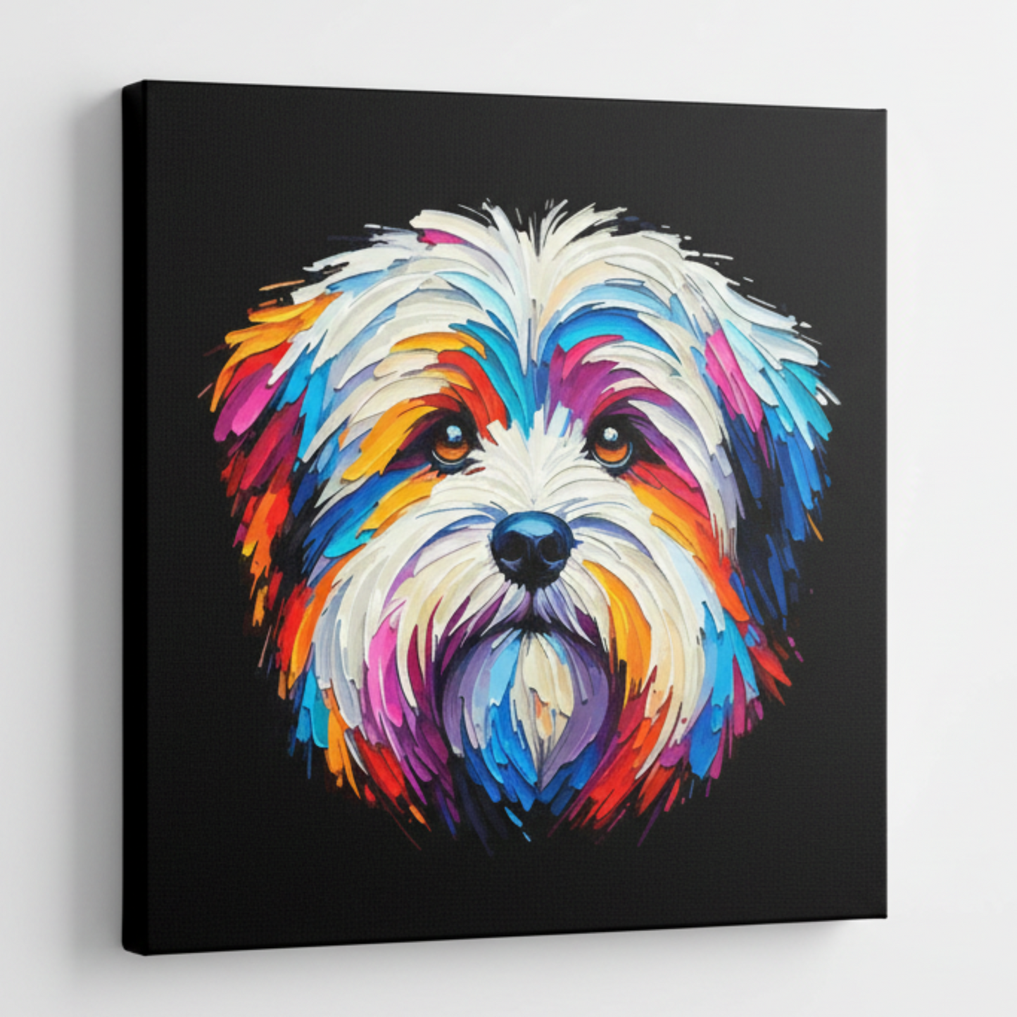 Colourful Coton De Tulear dog portrait canvas print - UK made abstract pet wall art black background