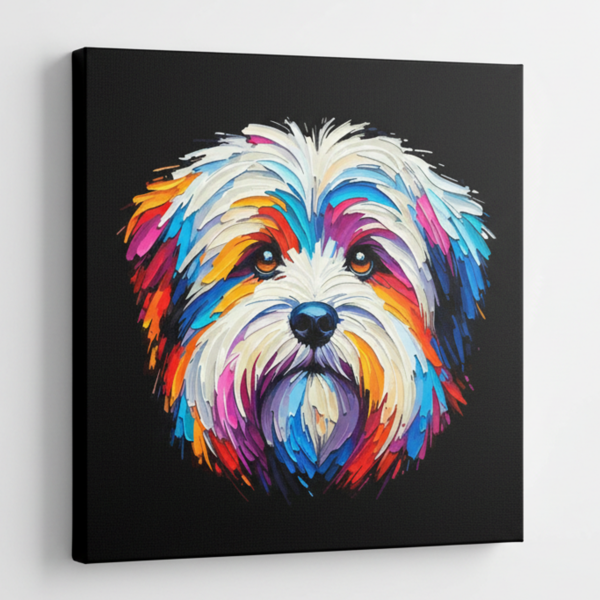 Colourful Coton De Tulear dog portrait canvas print - UK made abstract pet wall art black background