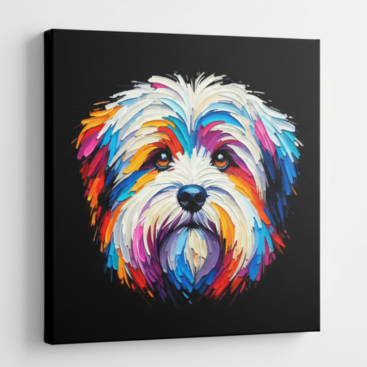 Colourful Coton De Tulear dog portrait canvas print - UK made abstract pet wall art black background