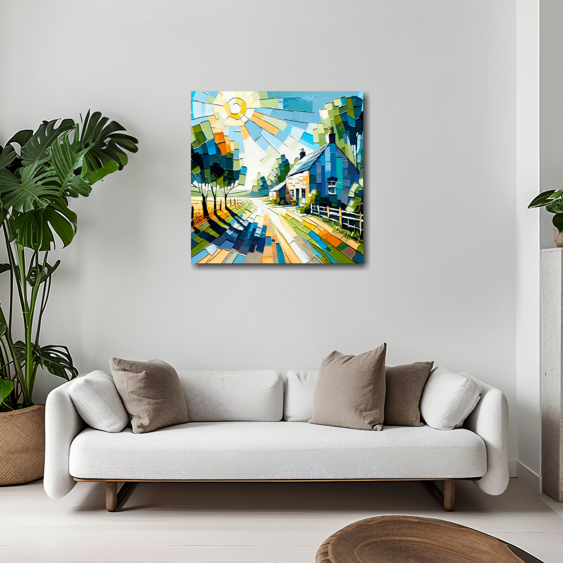 Cottage lane canvas 20x20 inches above white sofa - vibrant countryside wall art UK