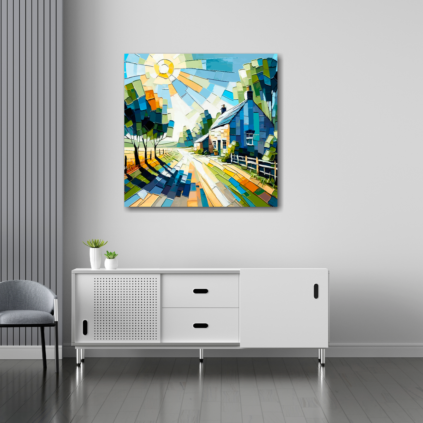 Cottage lane canvas 30x30 inches above sideboard - large colourful countryside art UK made