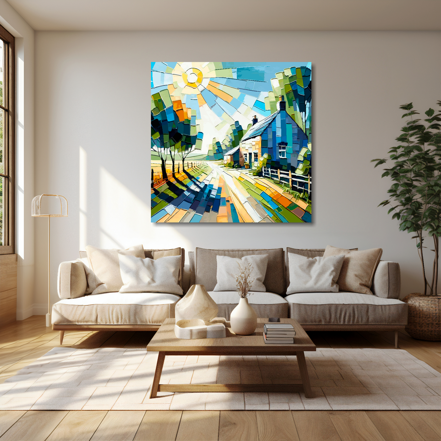 Cottage lane canvas 40x40 inches above cream sofa - XL vibrant countryside wall art UK