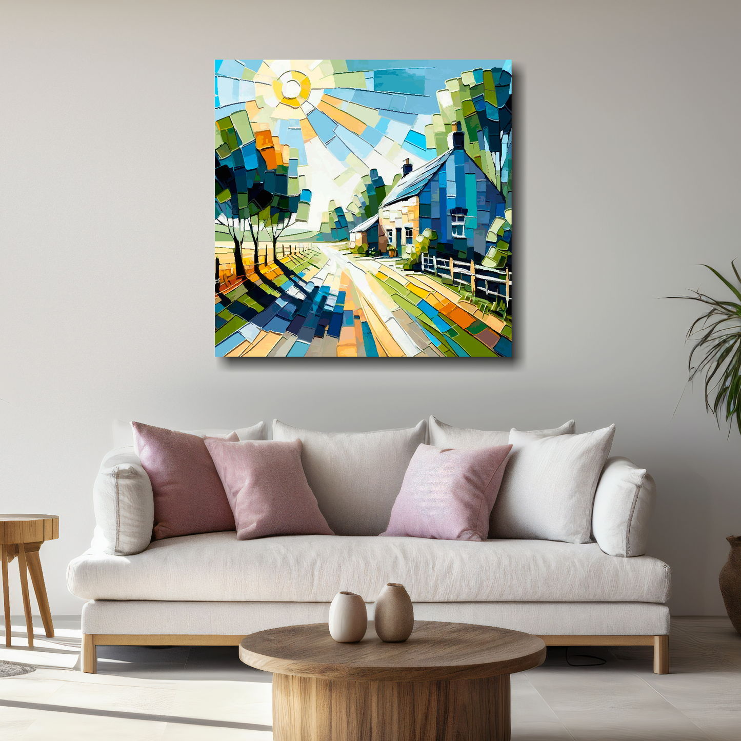 Large cottage lane canvas above white sofa - vibrant abstract countryside wall art UK