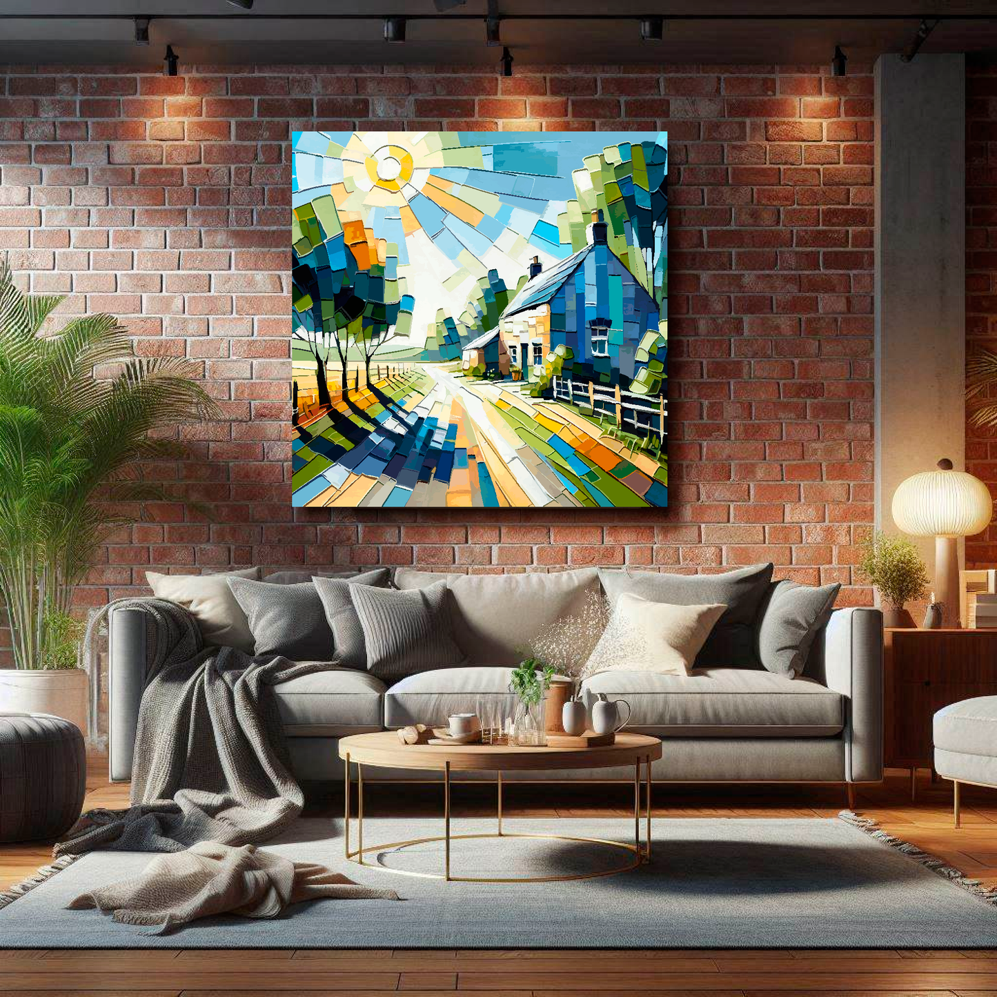 Large cottage lane canvas on brick wall above grey sofa - bold countryside art UK living room