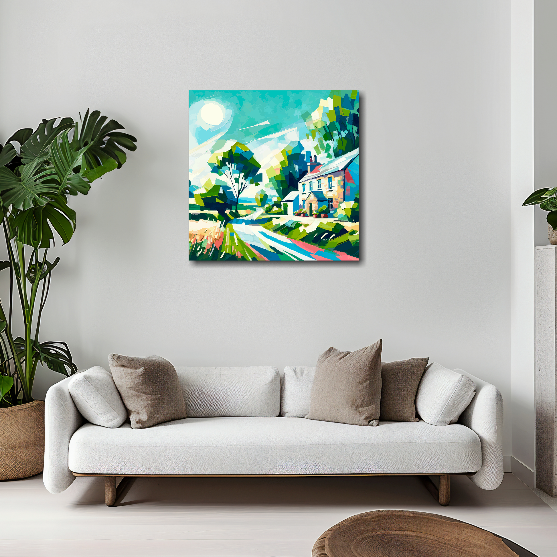 Country lane canvas 20x20 inches above white sofa - vibrant countryside wall art UK
