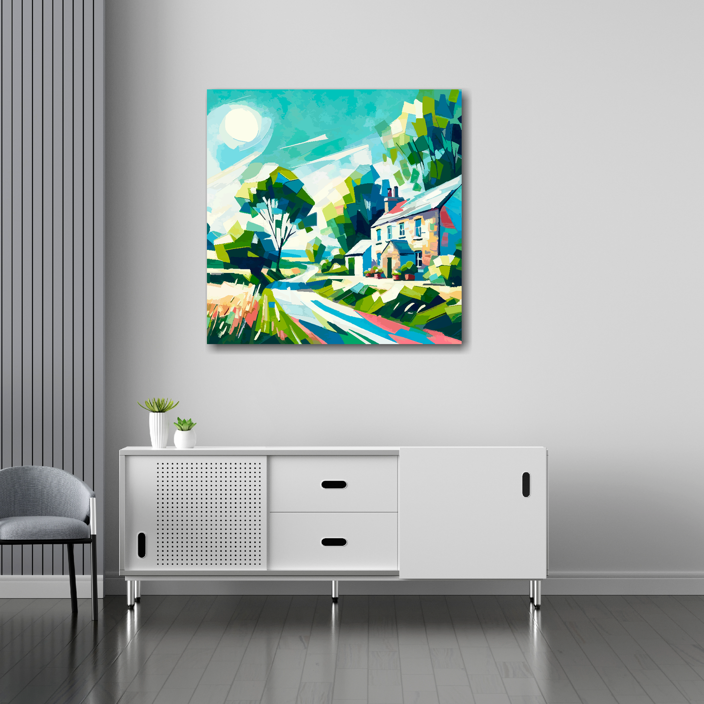 Country lane canvas 30x30 inches above sideboard - large colourful countryside art UK made