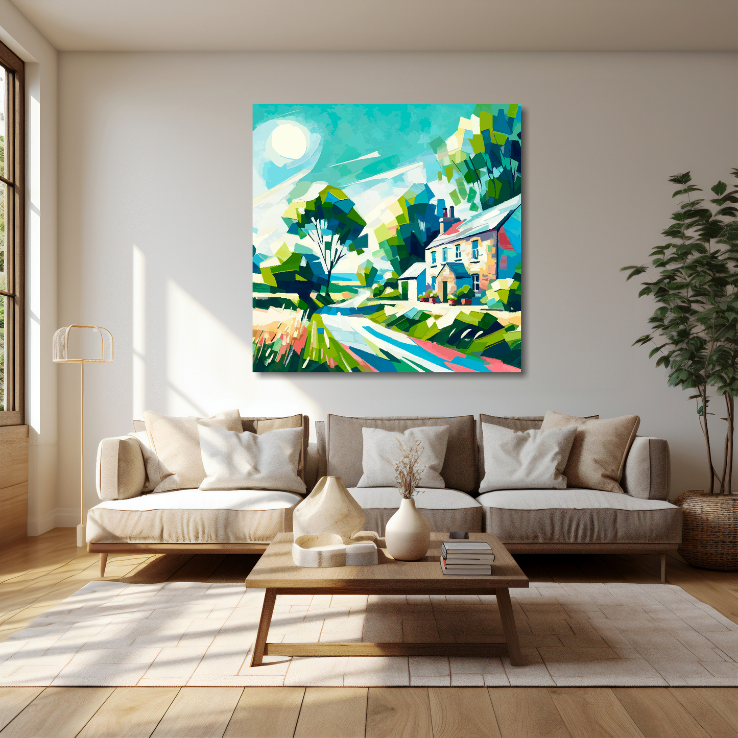 Country lane canvas 40x40 inches above cream sofa - XL vibrant countryside wall art UK