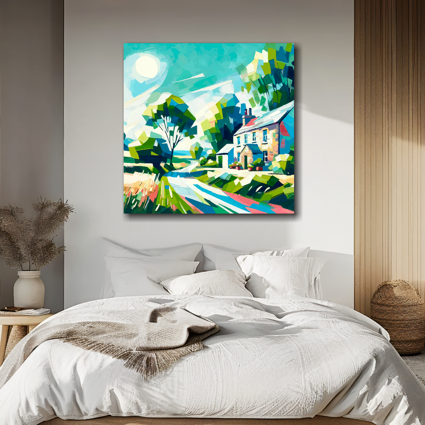 Country lane canvas above bed - colourful countryside wall decor for UK bedrooms