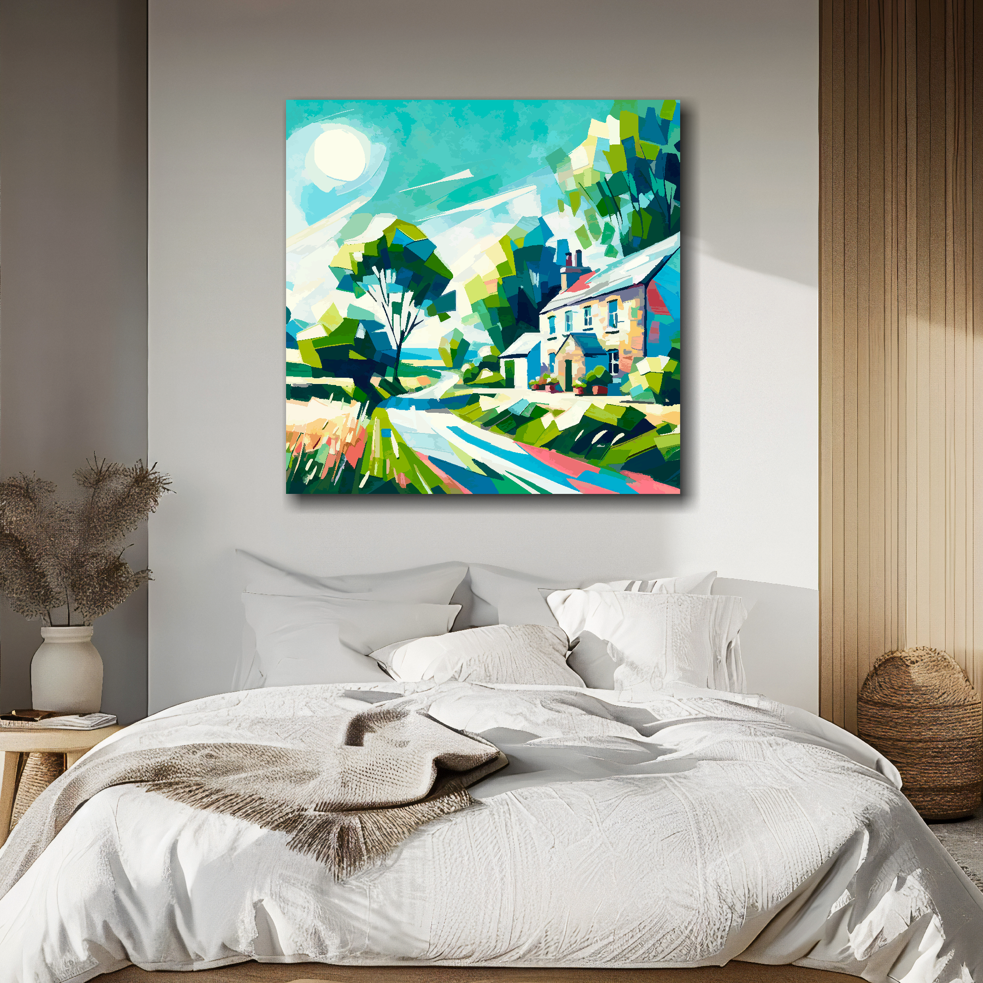 Country lane canvas above bed - colourful countryside wall decor for UK bedrooms