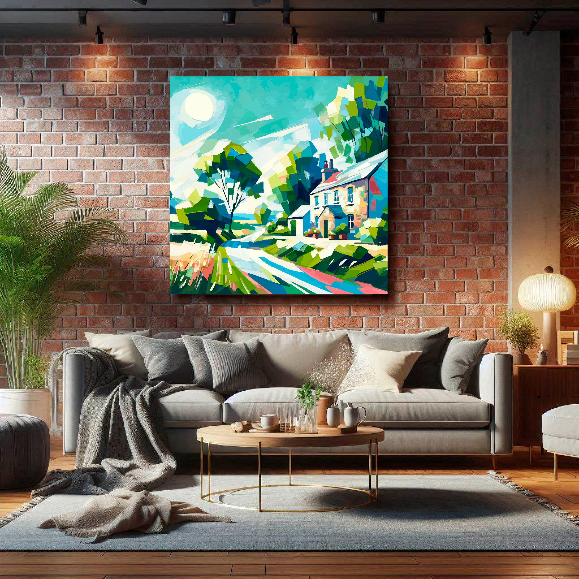 Large country lane canvas on brick wall above grey sofa - bold countryside art UK living room