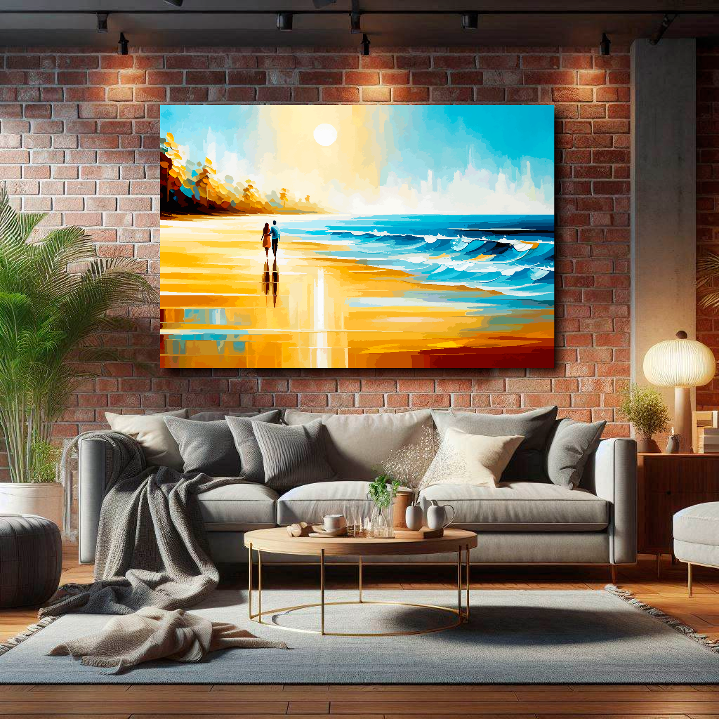 Large beach walk canvas on brick wall above grey sofa - bold coastal art UK living room