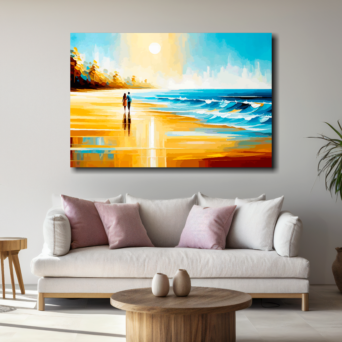 Large beach walk canvas above white sofa - vibrant abstract coastal wall art UK