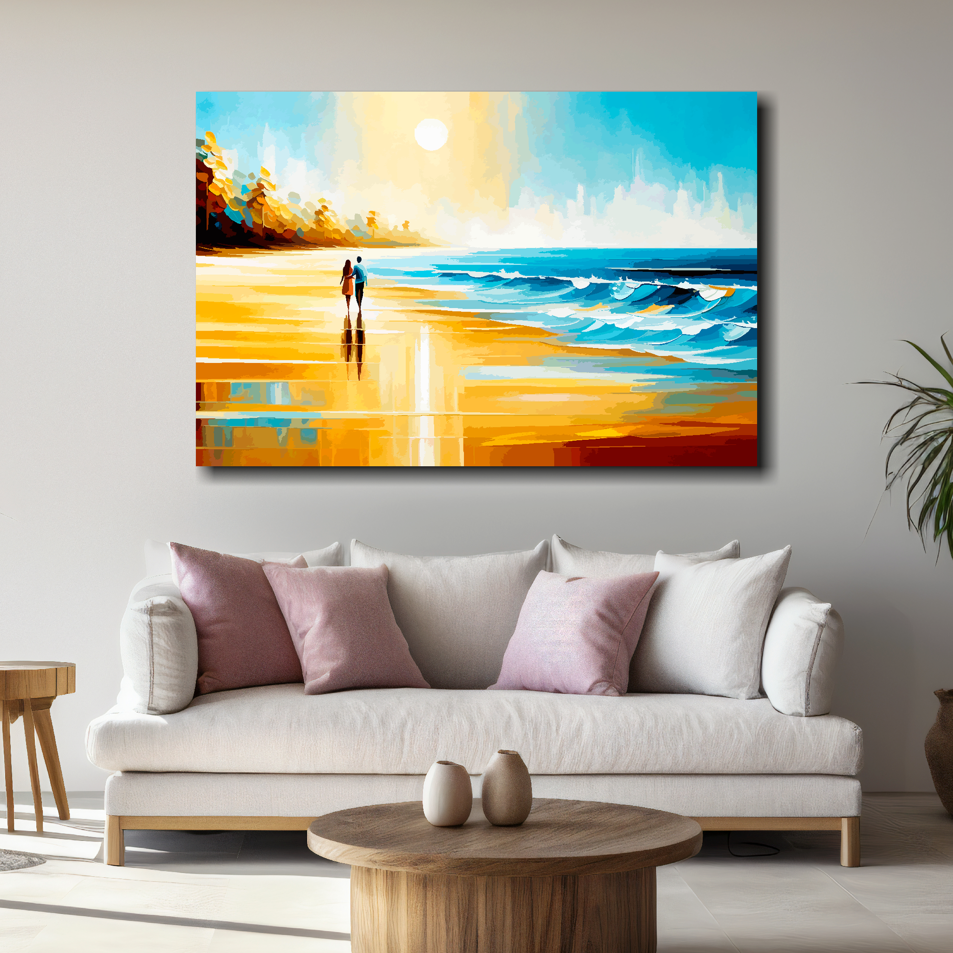 Large beach walk canvas above white sofa - vibrant abstract coastal wall art UK