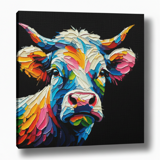 Colourful Cow animal portrait canvas print - UK made abstract wall art black background