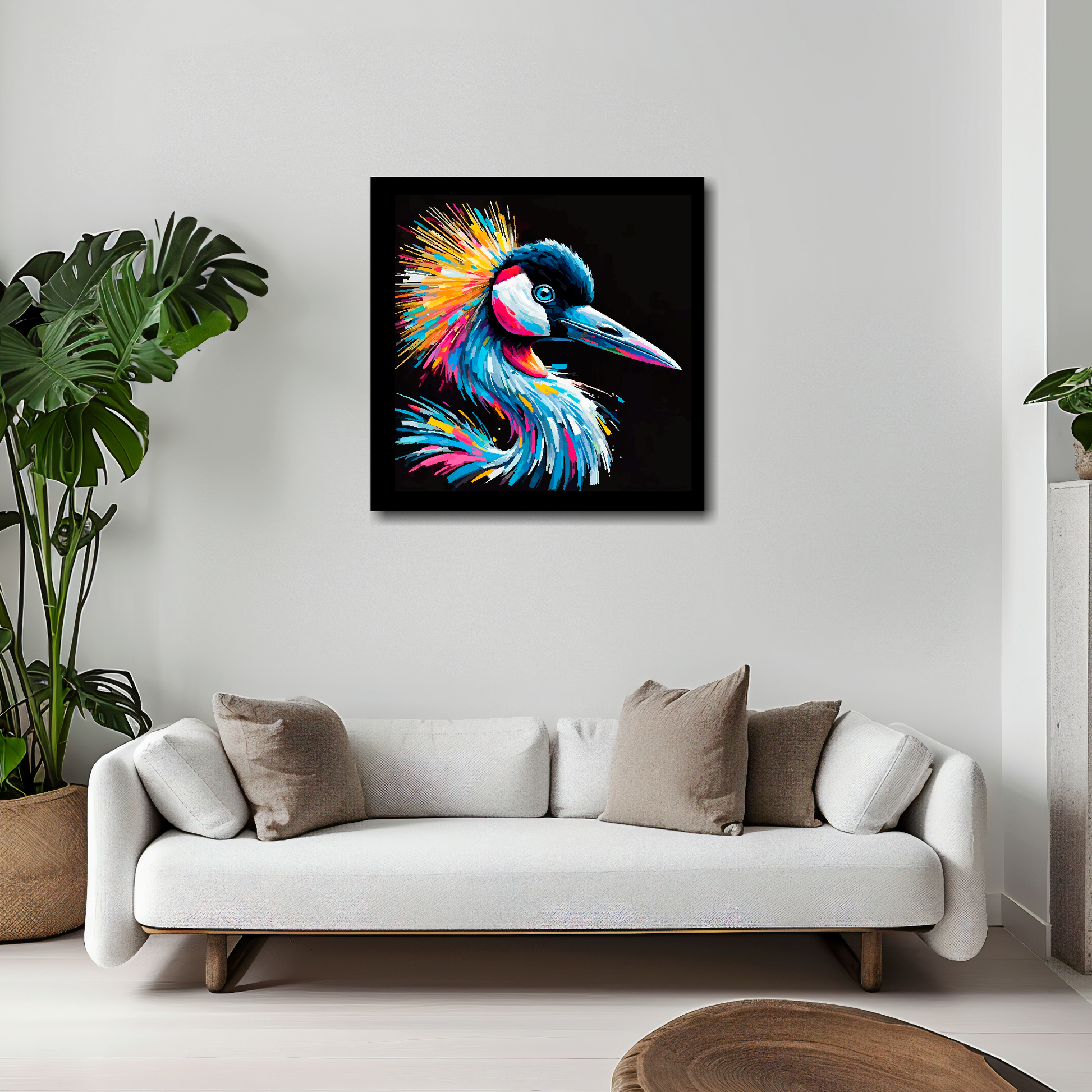 Crane canvas 20x20 inches above white sofa - vibrant bird portrait wall art UK
