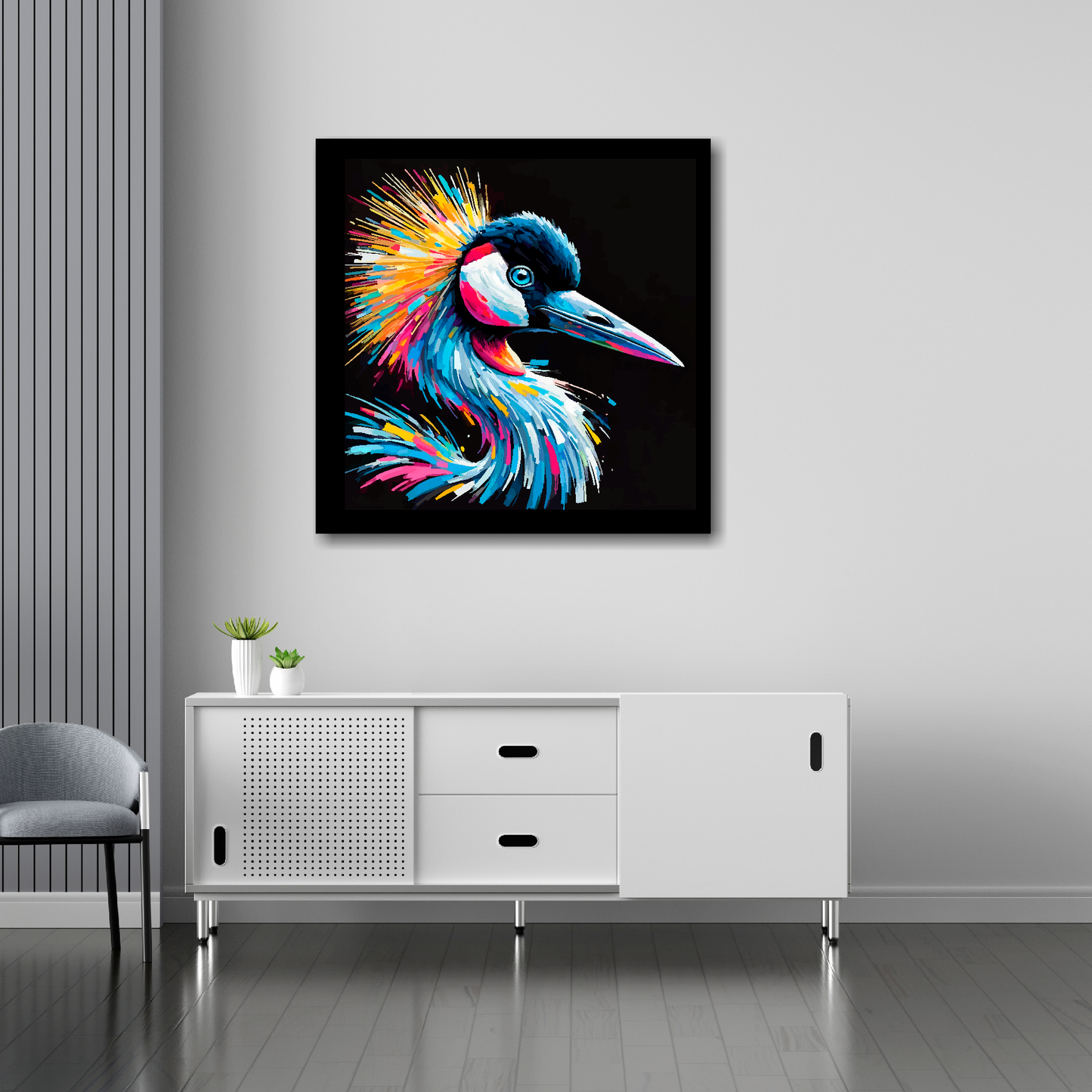Crane canvas 30x30 inches above sideboard - large colourful bird portrait UK made