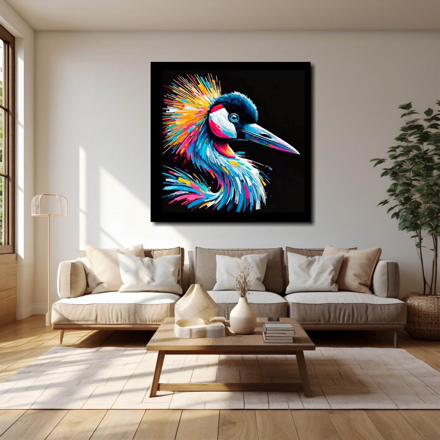Crane canvas 40x40 inches above cream sofa - XL vibrant bird wall art UK