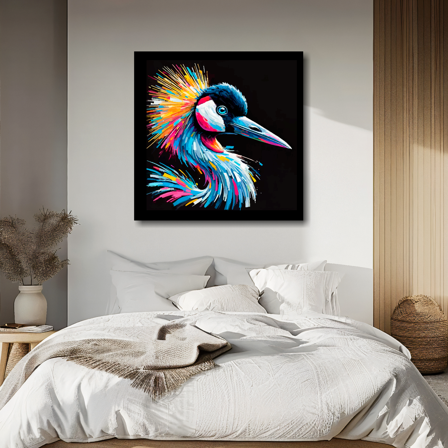 Crane portrait canvas above bed - colourful bird wall decor for UK bedrooms