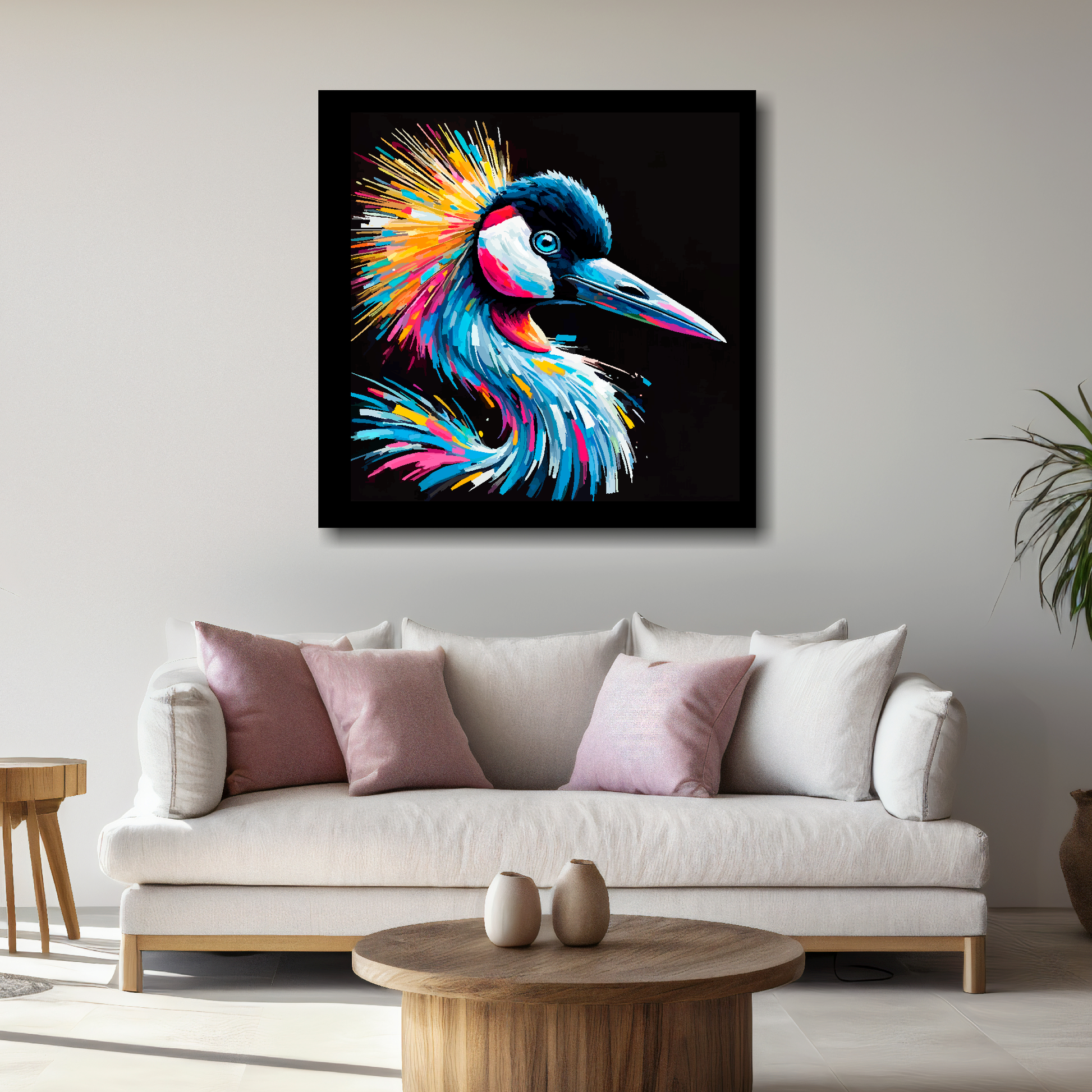 Large Crane canvas above white sofa - vibrant abstract bird portrait wall art UK