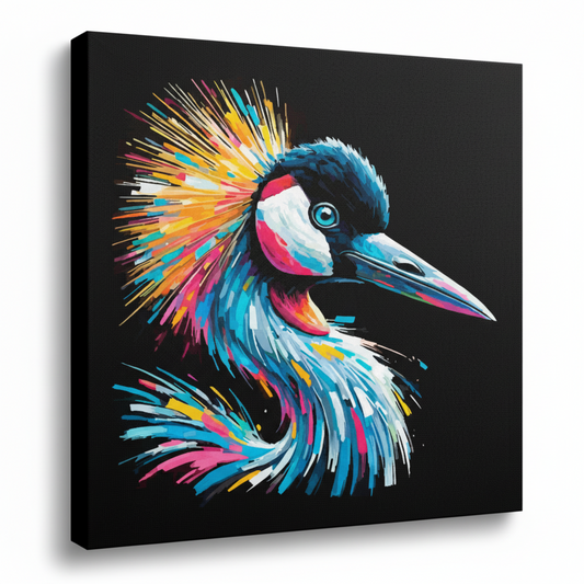 Colourful Crane bird portrait canvas print - UK made abstract wildlife wall art