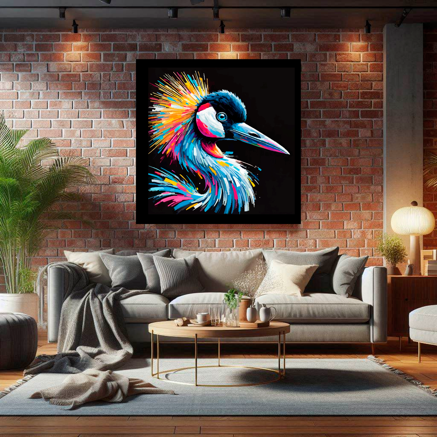 Large Crane canvas on brick wall above grey sofa - bold bird portrait UK living room