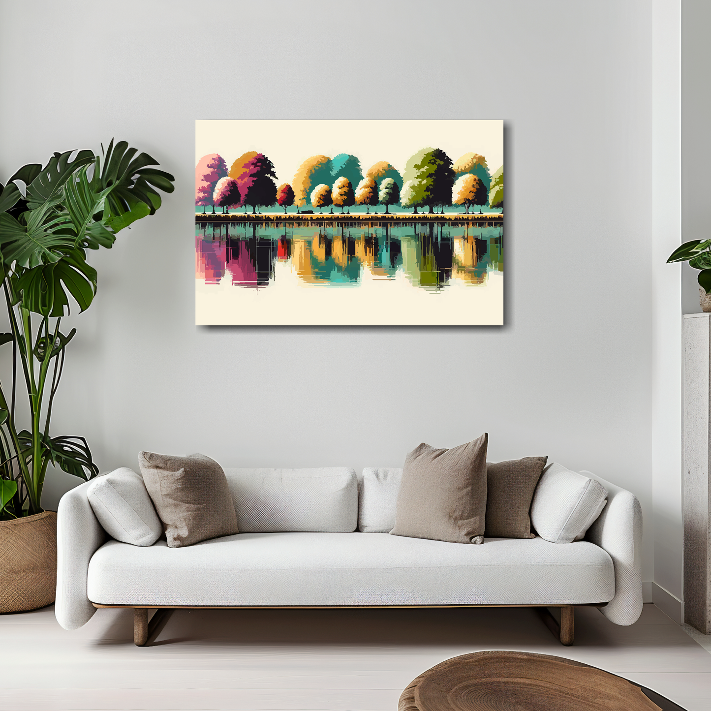 Cream reflections canvas 30x20 inches above white sofa - vibrant landscape wall art UK

