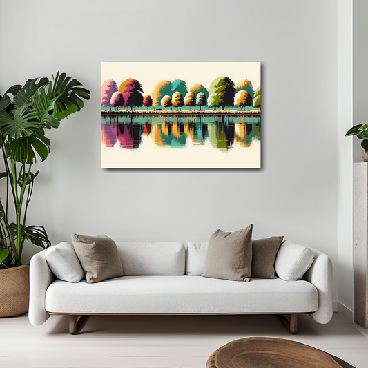 Cream reflections canvas 30x20 inches above white sofa - vibrant landscape wall art UK

