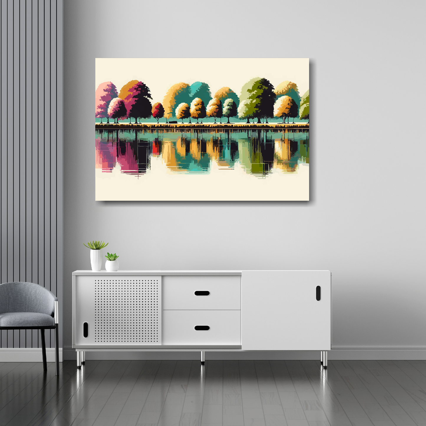 Cream reflections canvas 36x24 inches above sideboard - large colourful landscape art UK made

