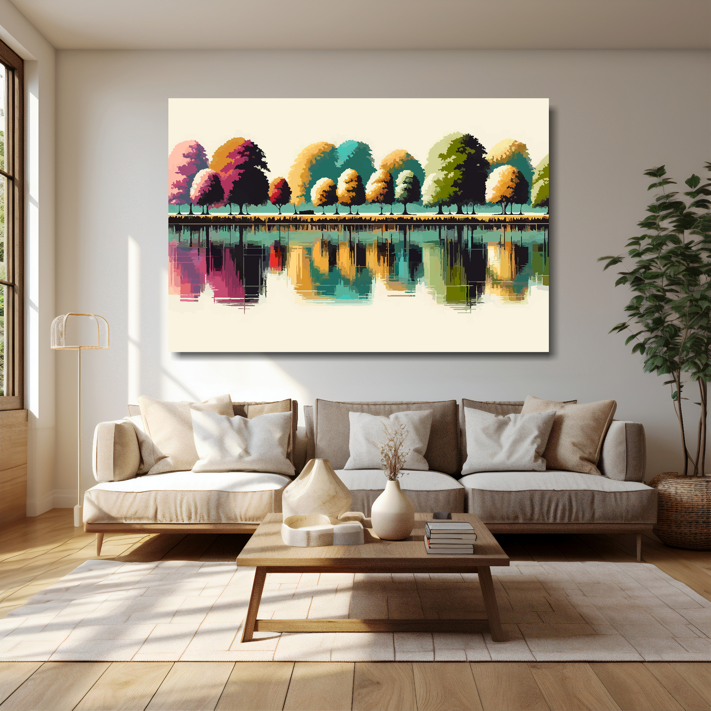 Cream reflections canvas 60x40 inches above cream sofa - XL vibrant landscape wall art UK

