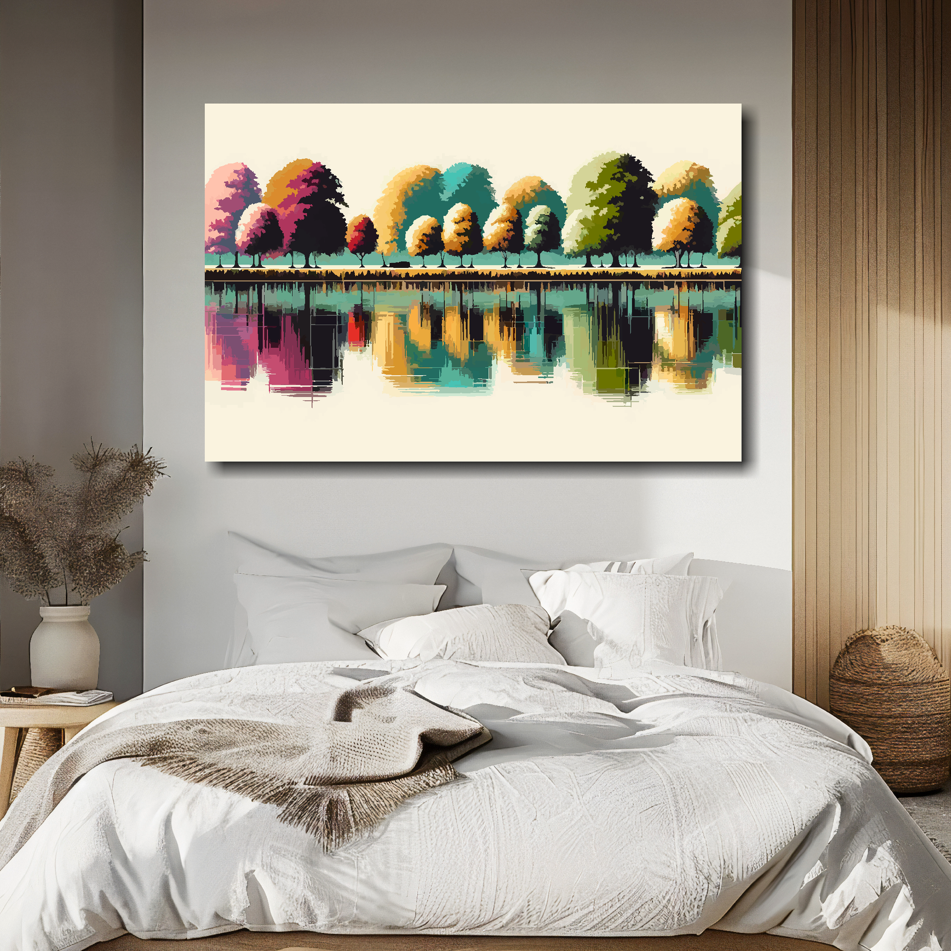 Cream reflections canvas above bed - colourful landscape wall decor for UK bedrooms