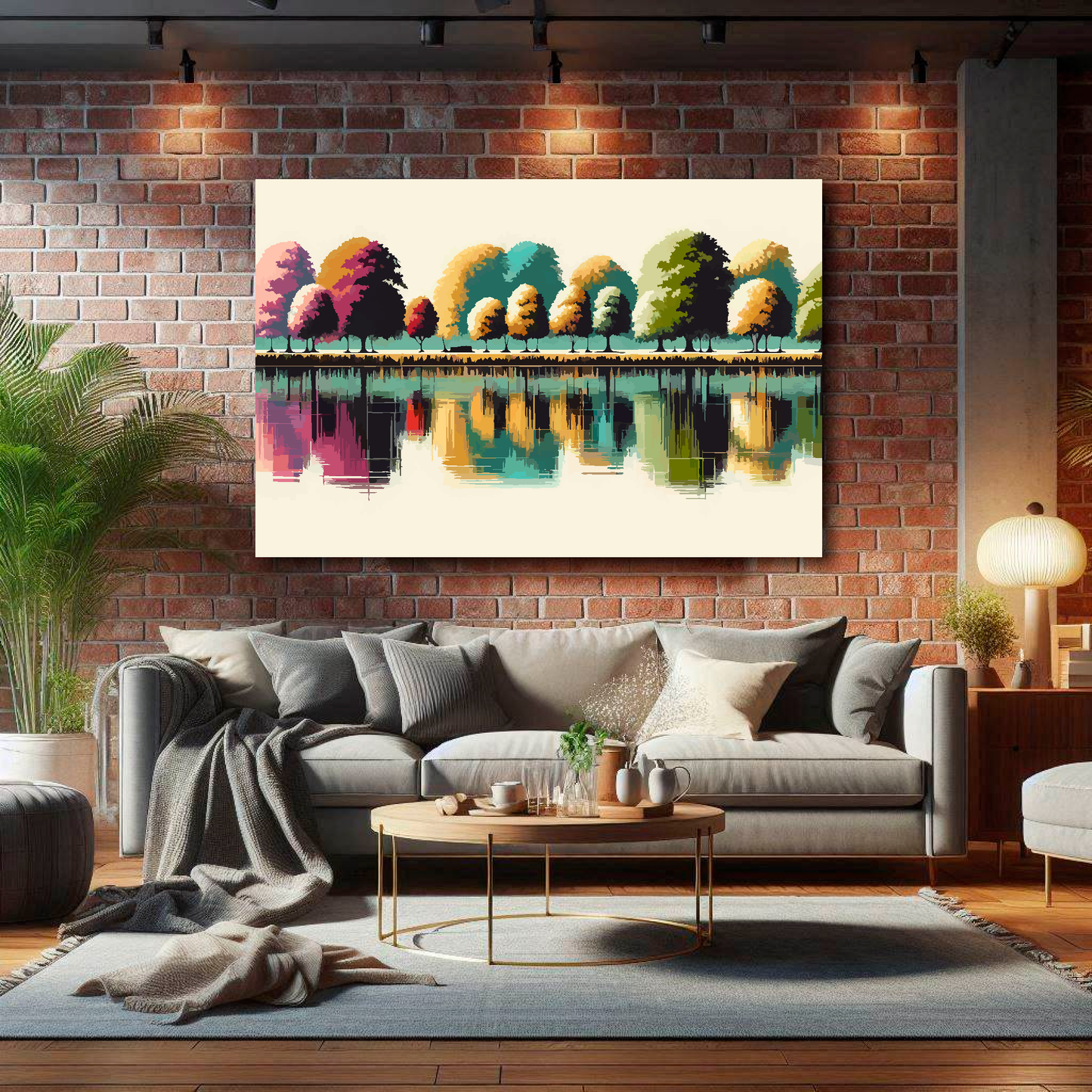 Large cream reflections canvas on brick wall above grey sofa - bold landscape art UK living room