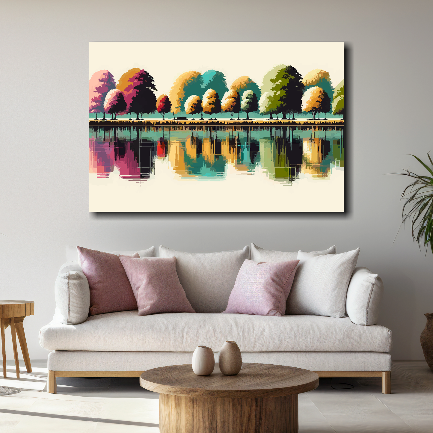 Large cream reflections canvas above white sofa - vibrant abstract landscape wall art UK