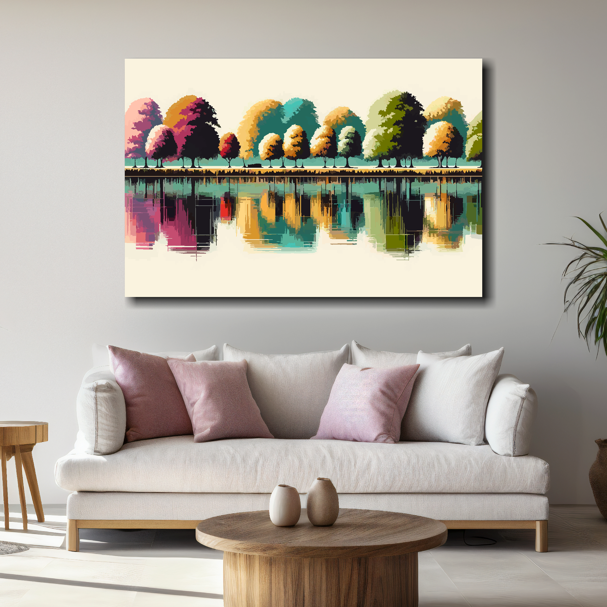 Large cream reflections canvas above white sofa - vibrant abstract landscape wall art UK