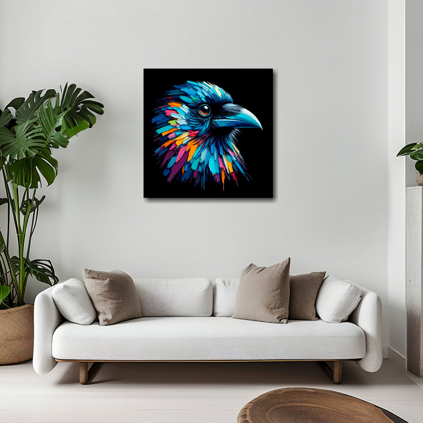 Crow canvas 20x20 inches above white sofa - vibrant bird portrait wall art UK