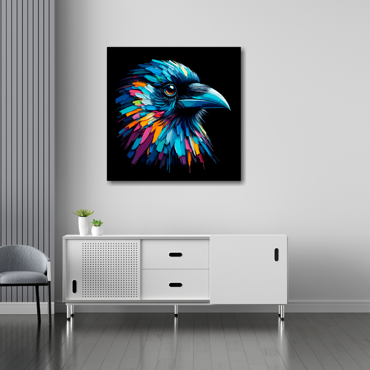 Crow canvas 30x30 inches above sideboard - large colourful bird portrait UK made