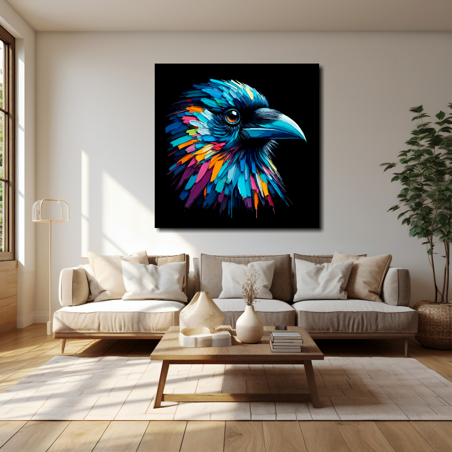 Crow canvas 40x40 inches above cream sofa - XL vibrant bird wall art UK