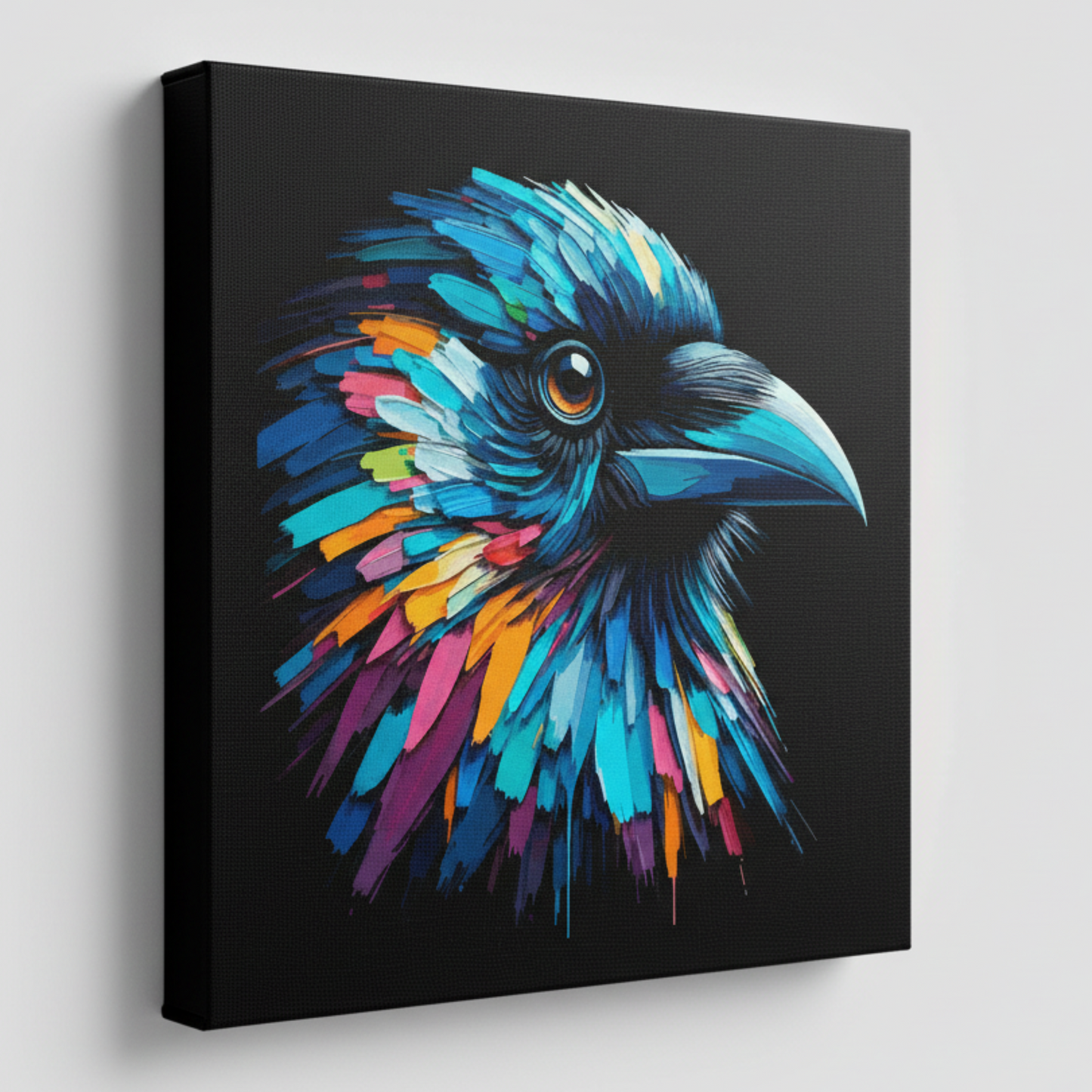 Colourful Crow bird portrait canvas print - UK made abstract wildlife wall art black background