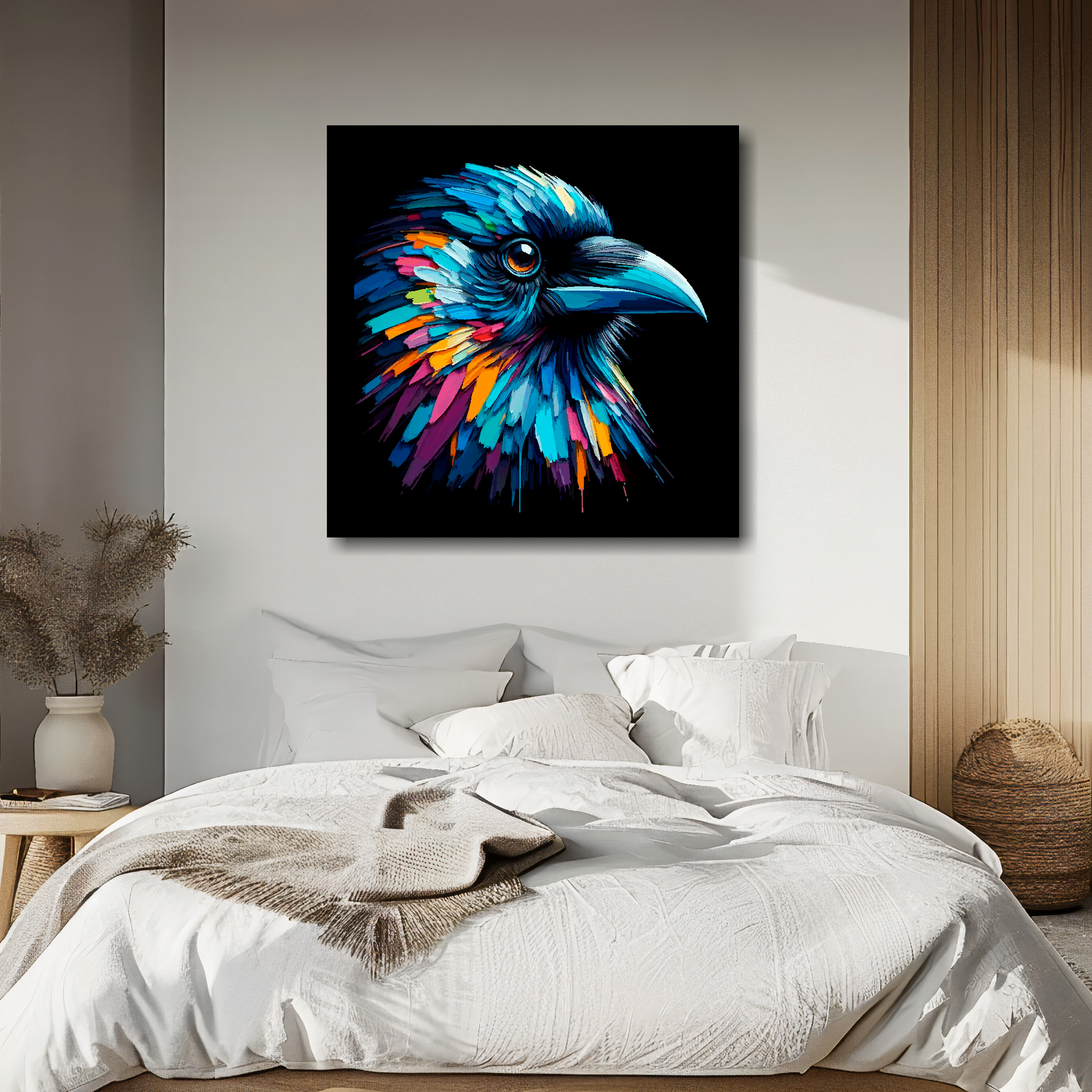 Crow portrait canvas above bed - colourful bird wall decor for UK bedrooms