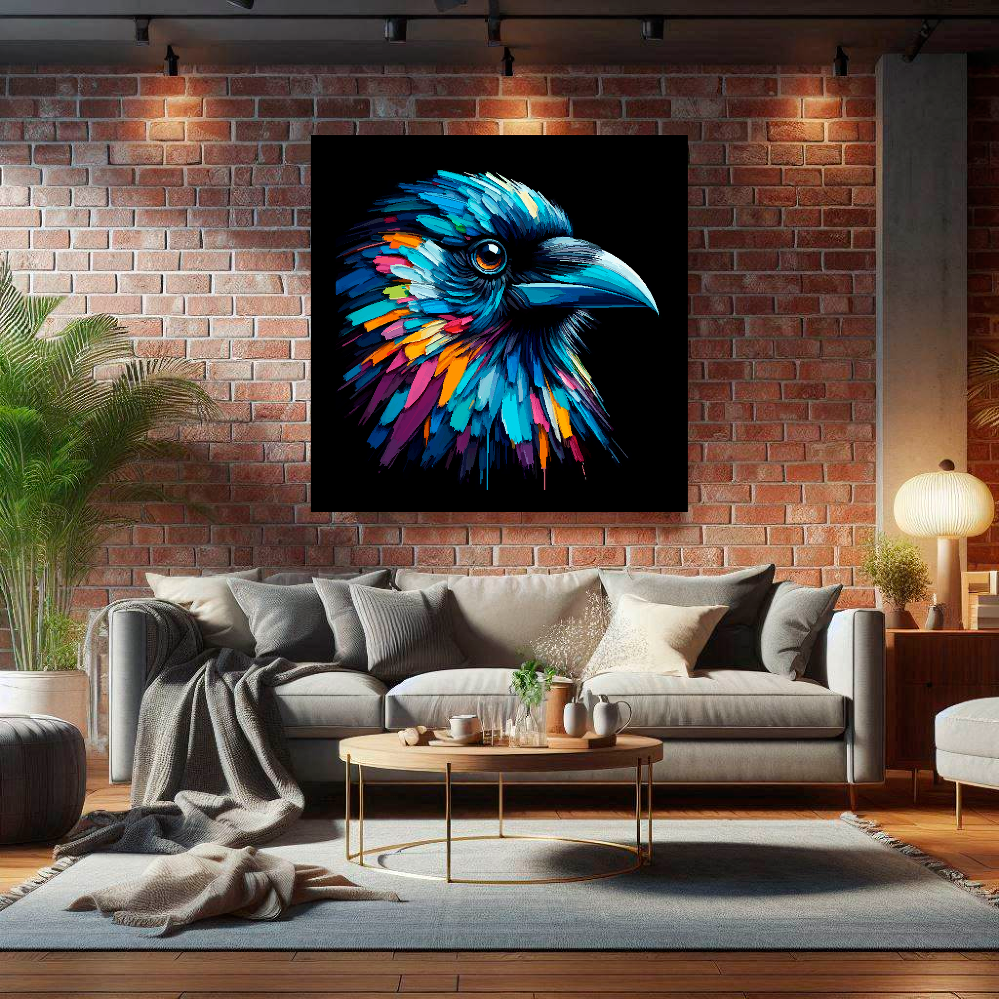 Large Crow canvas on brick wall above grey sofa - bold bird portrait UK living room
