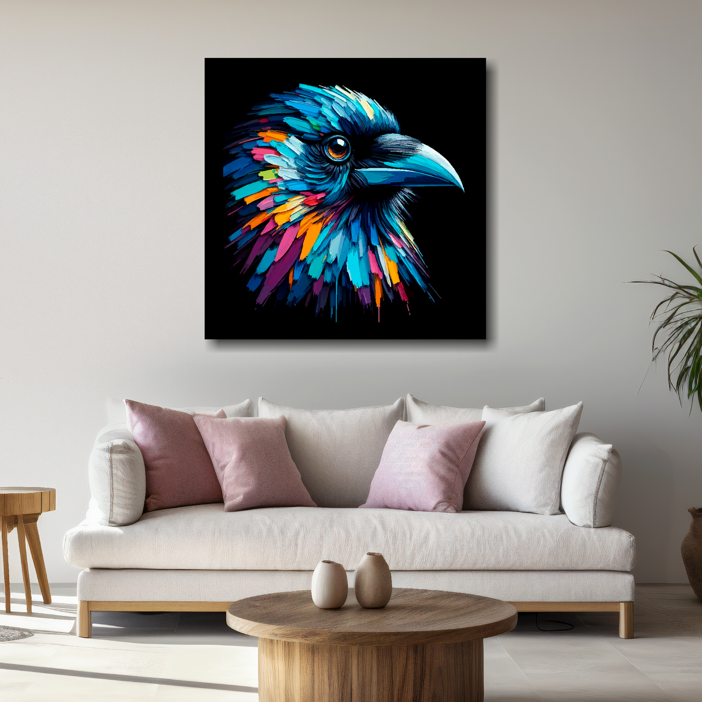 Large Crow canvas above white sofa - vibrant abstract bird portrait wall art UK