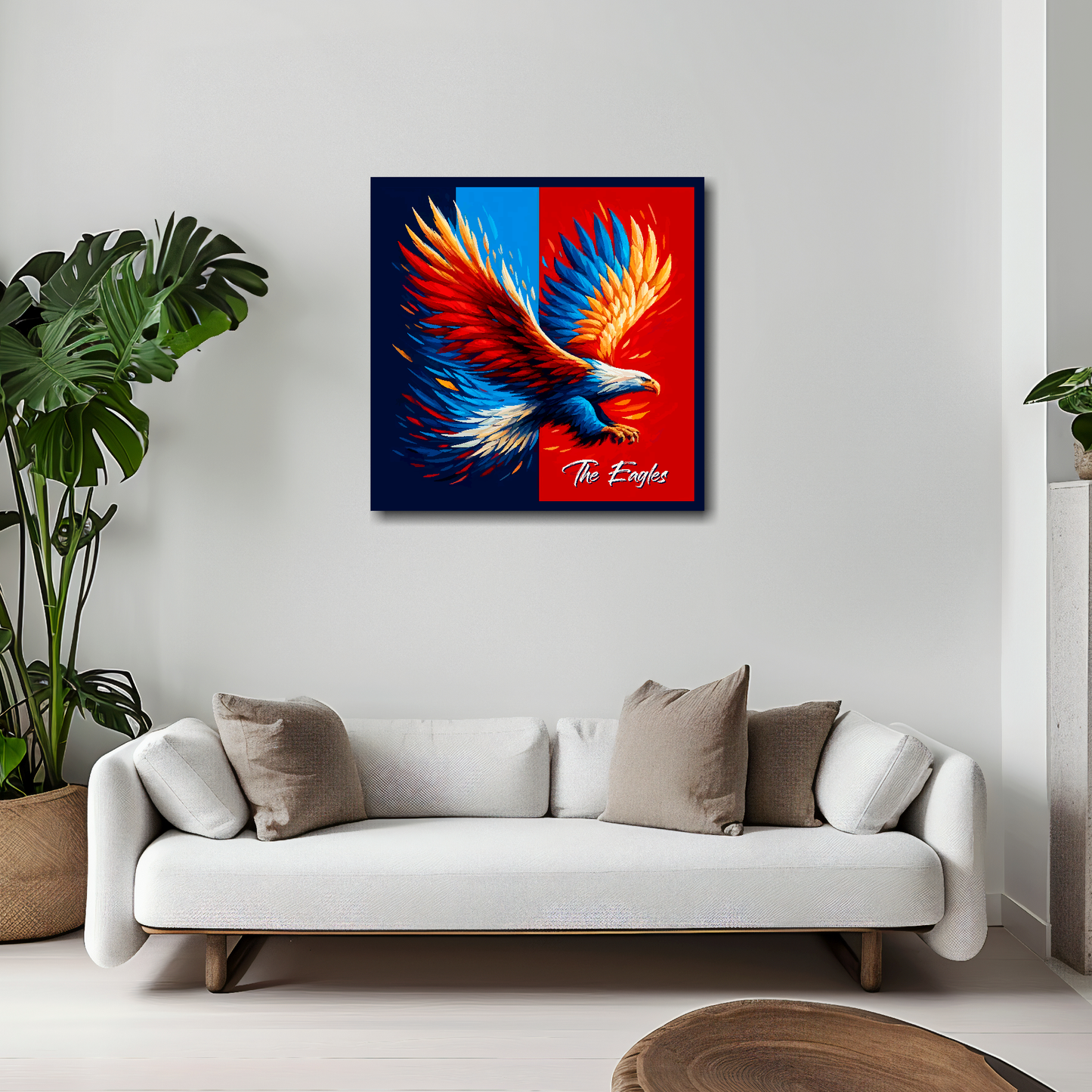 Crystal Palace inspired canvas 20x20 inches above white sofa - vibrant UK football wall art