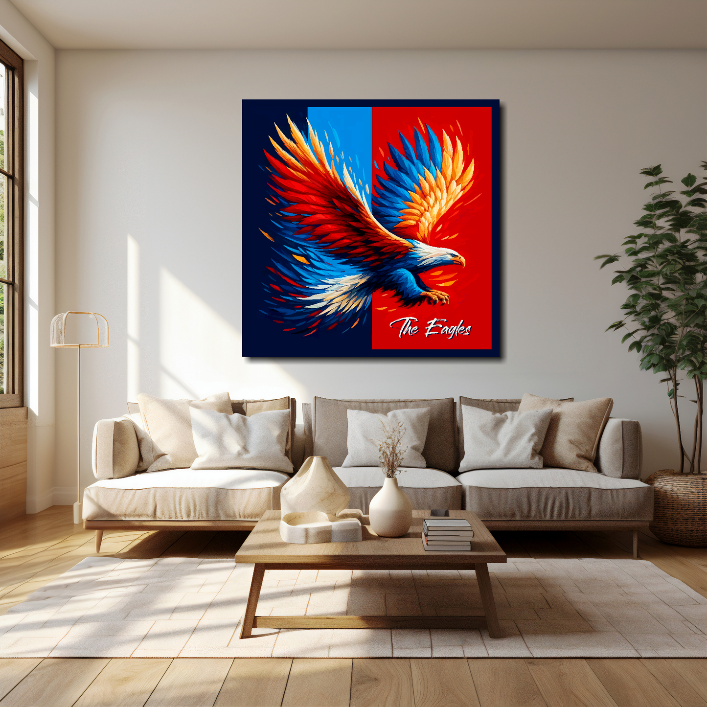 Crystal Palace inspired canvas 40x40 inches above cream sofa - XL vibrant UK football wall art