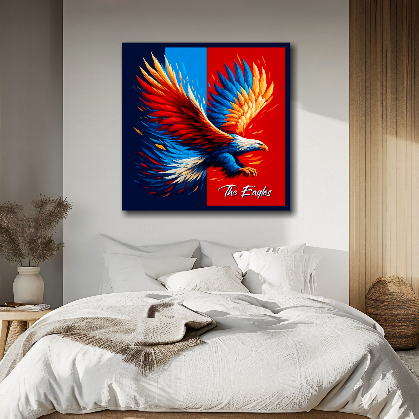 Crystal Palace inspired canvas above bed - colourful UK football wall decor for bedrooms