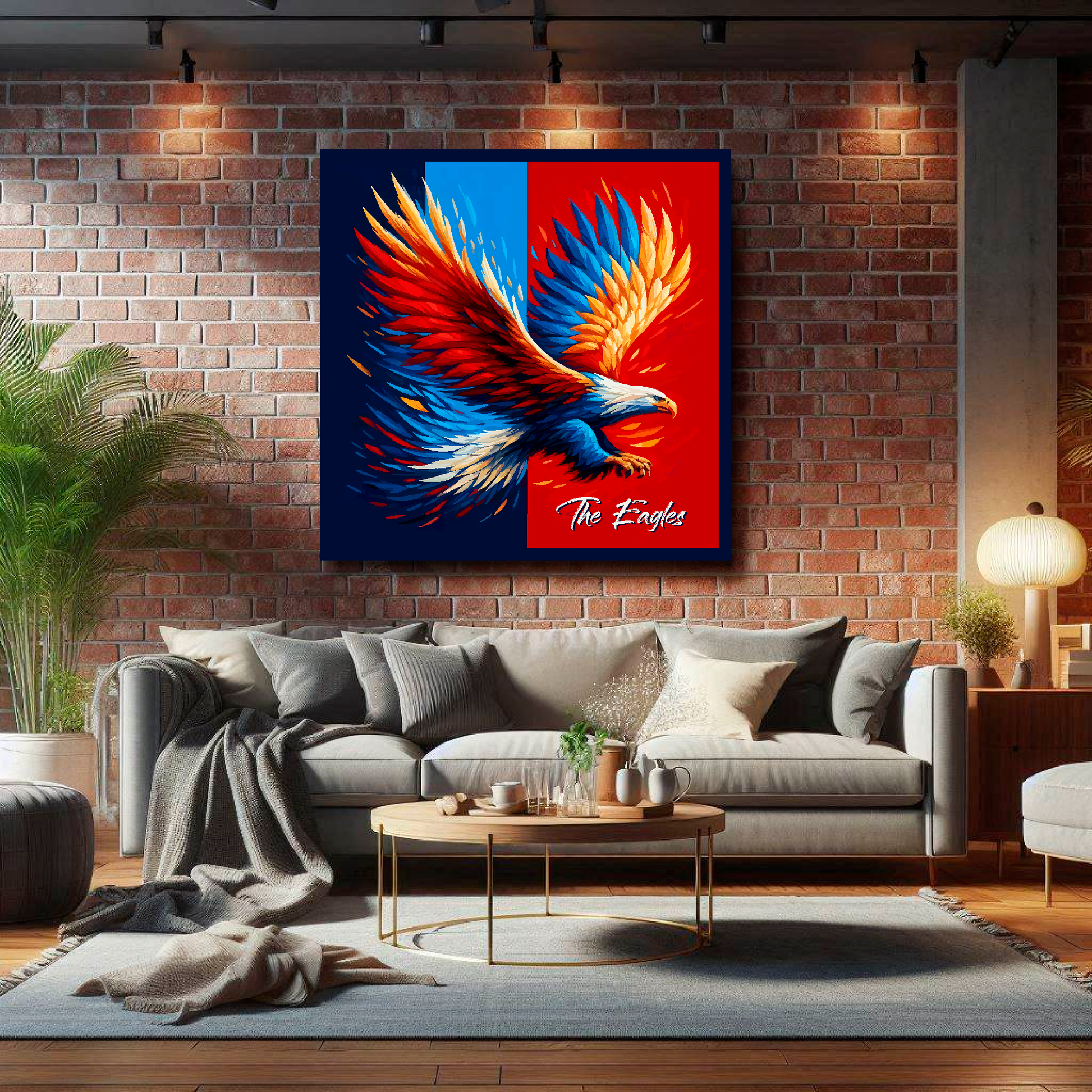 Large Crystal Palace inspired canvas on brick wall above grey sofa - bold UK football art living room