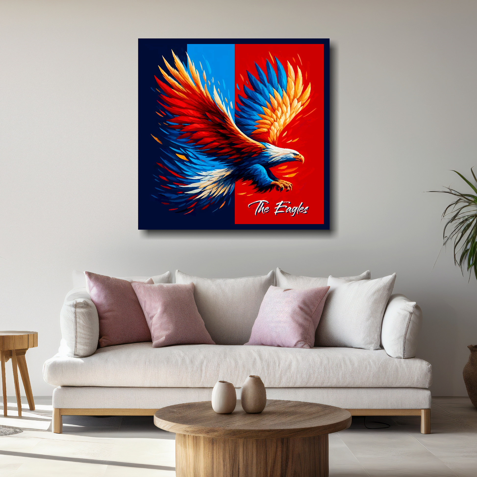 Large Crystal Palace inspired canvas above white sofa - vibrant abstract UK football wall art