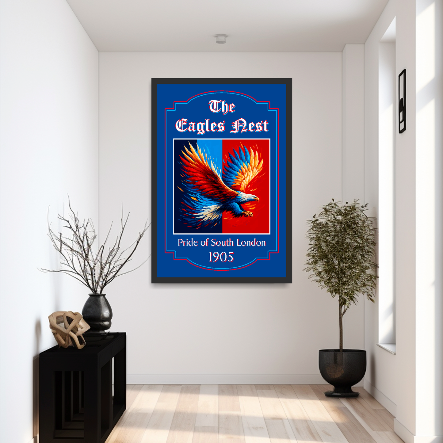 Crystal Palace framed artwork of an eagle with text 'The Eagles Nest, Pride of South London 1905' on a white wall.