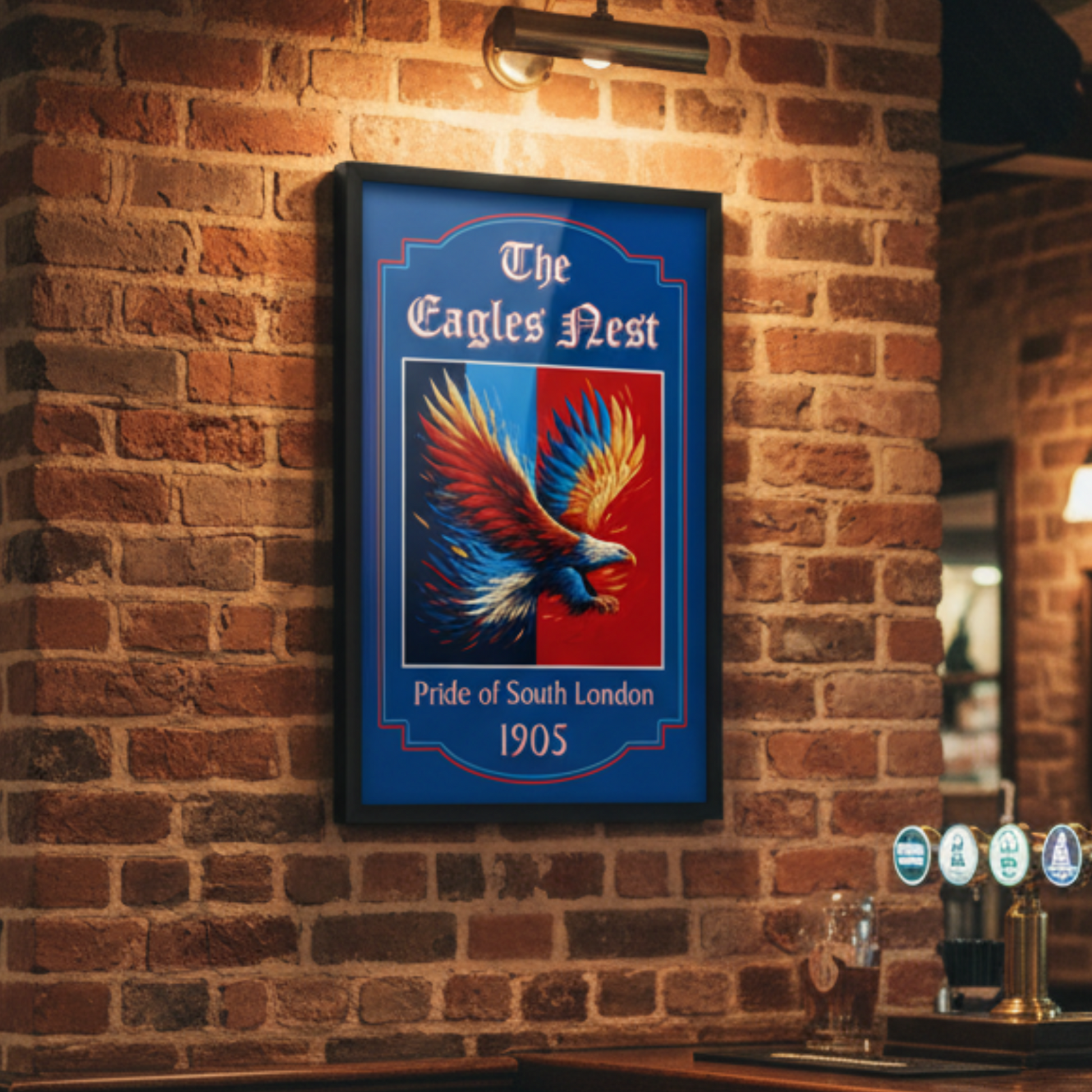 Crystal Palace inspired pub sign of an eagle with text 'The Eagles Nest, Pride of South London 1905' in a bar setting