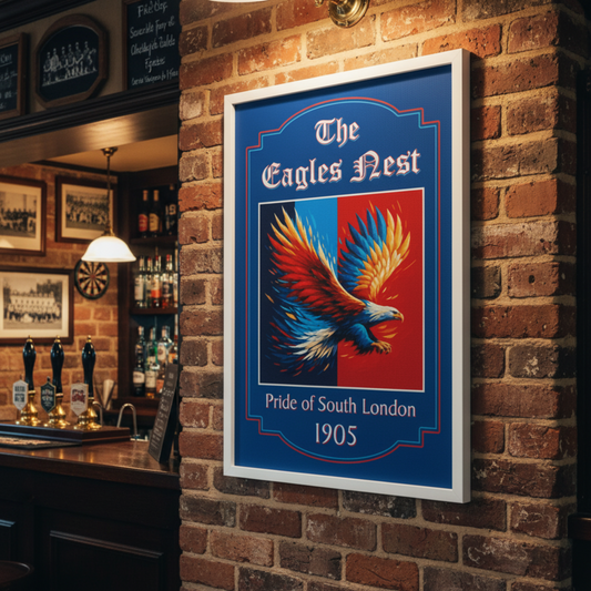 Crystal Palace FC artwork of 'The Eagles Nest' with an eagle design on a brick wall in a bar setting.