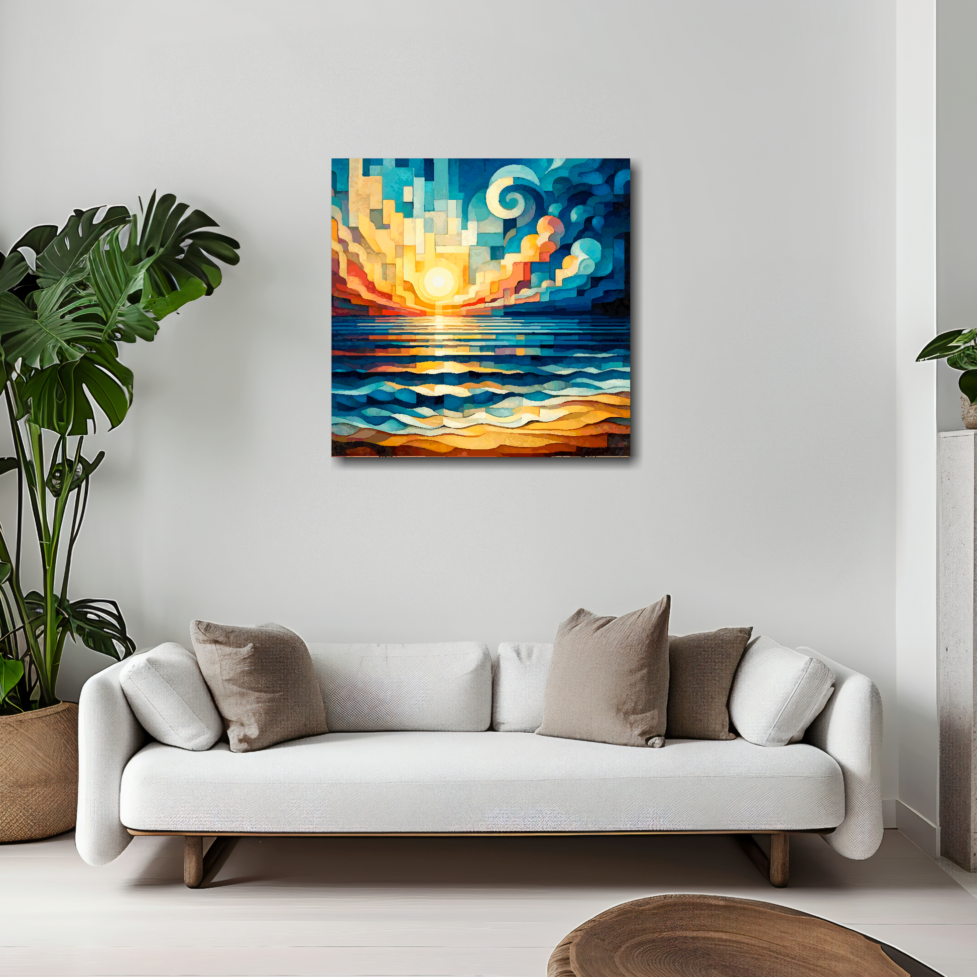 Cubism sunrise canvas 20x20 inches above white sofa - vibrant coastal wall art UK