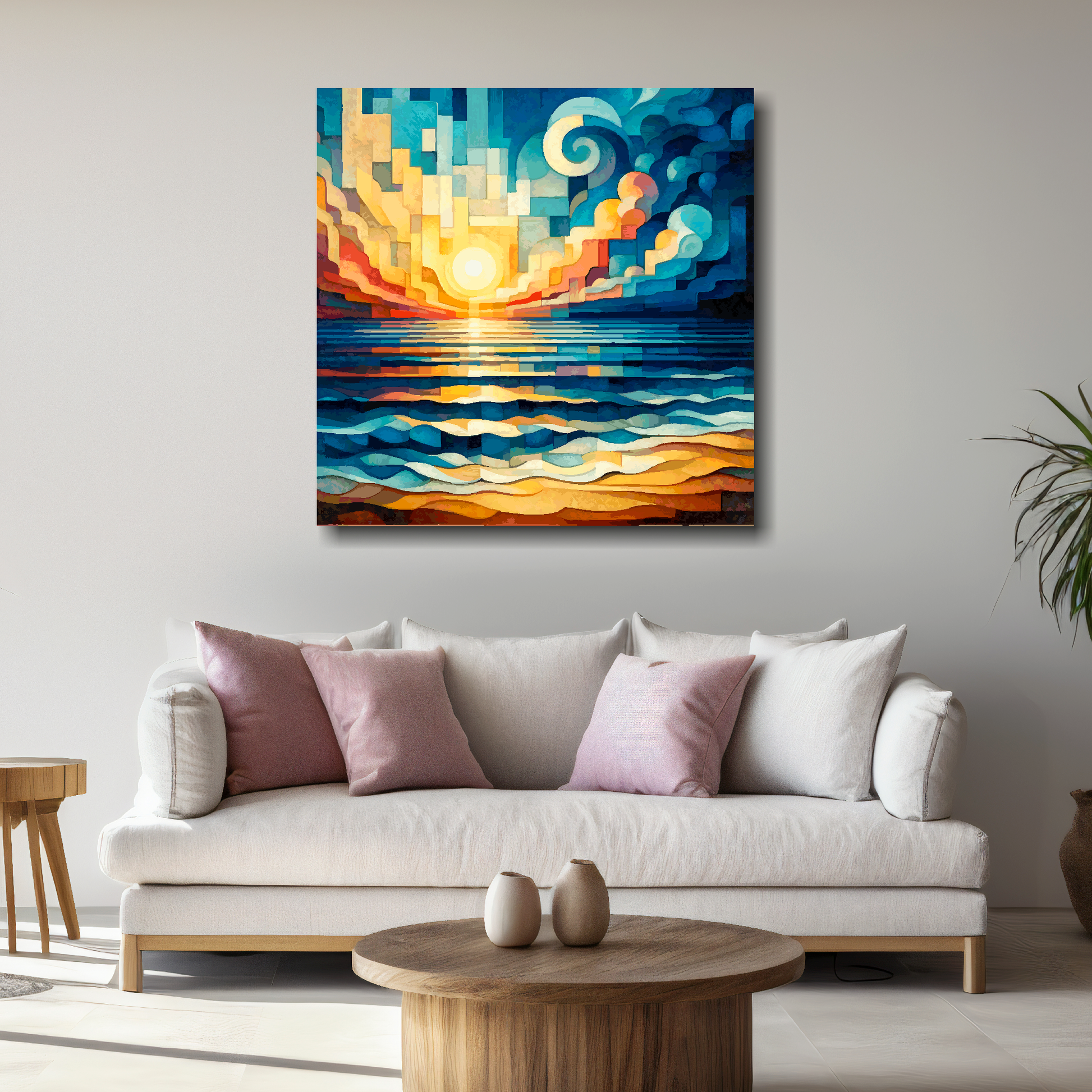 Large cubism sunrise canvas above white sofa - vibrant abstract coastal wall art UK